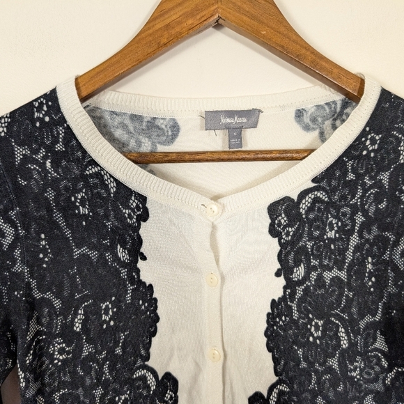VINTAGE Nieman Marcus Rayon Black Lace Print & Ivory Knit Cardigan Sweater - Picture 6 of 7